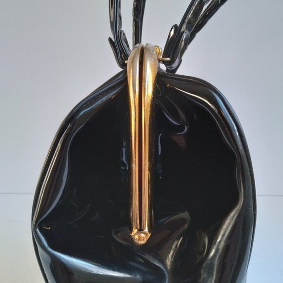 Vintage Black Sturdy Shiny Roomy Patent Gold Kiss Clasp Envelope Satchel Bag - Picture 5 of 15